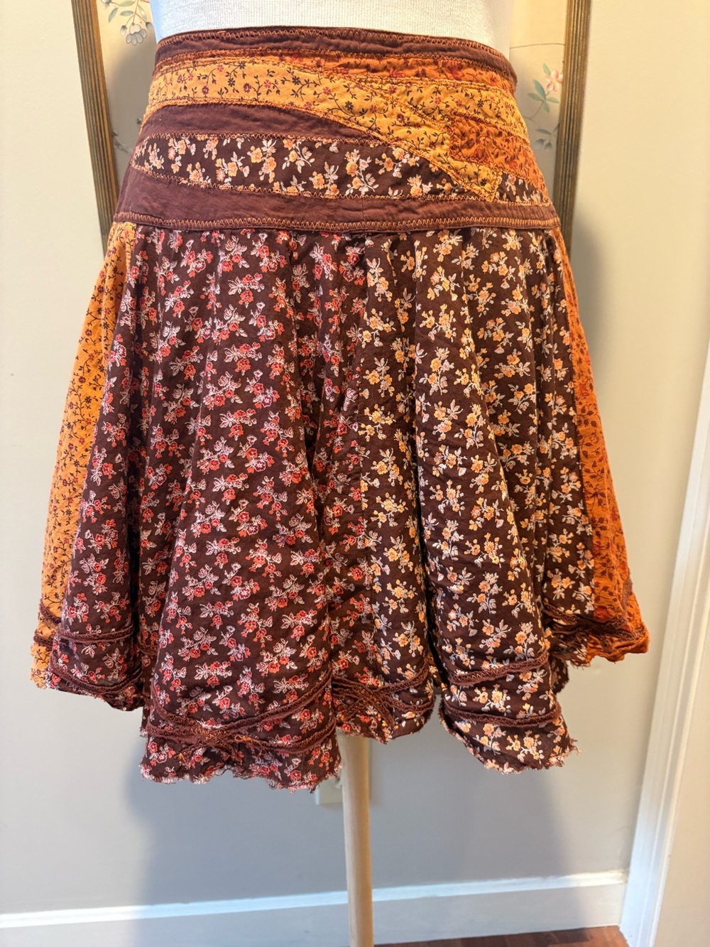 Free People hippie patchwork mini skirt. Wide waistband size 4